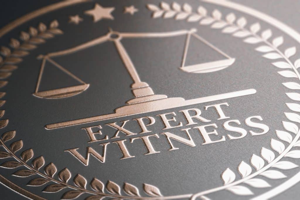 3D illustration of a golden stamp where it is written the text expert witness. Legal expertise.